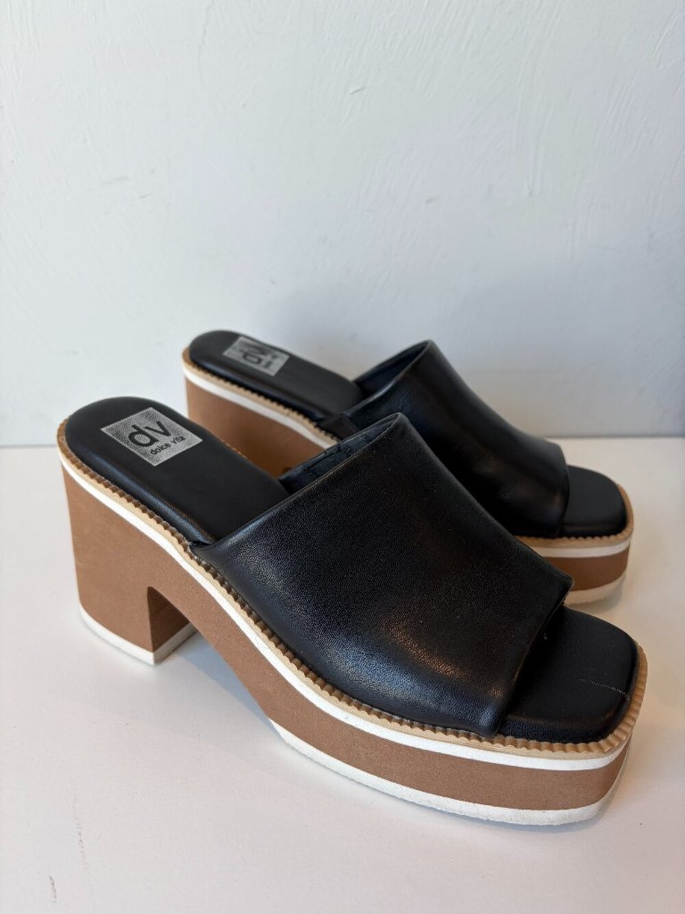 Dolce Vita Black and Tan Leather Slide Platform Mules Size 8
